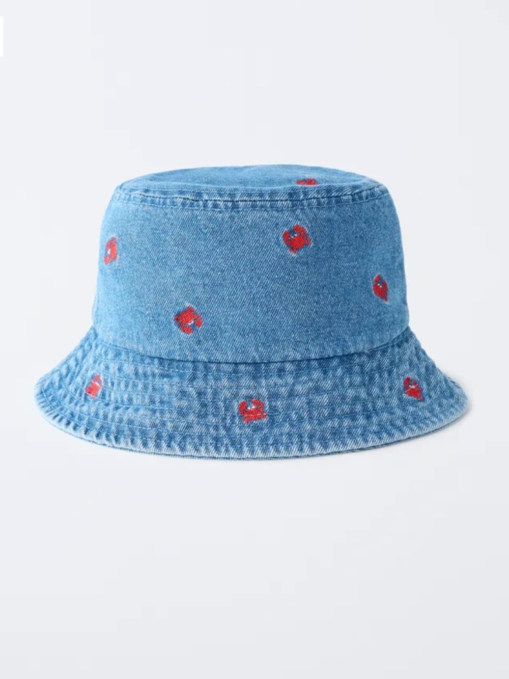 Zara Denim Bucket Hat with Red Crab Embroidery